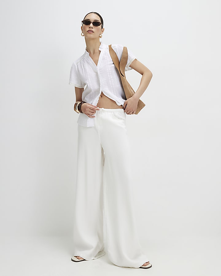 White Cotton Short Sleeve Lace Detail Top