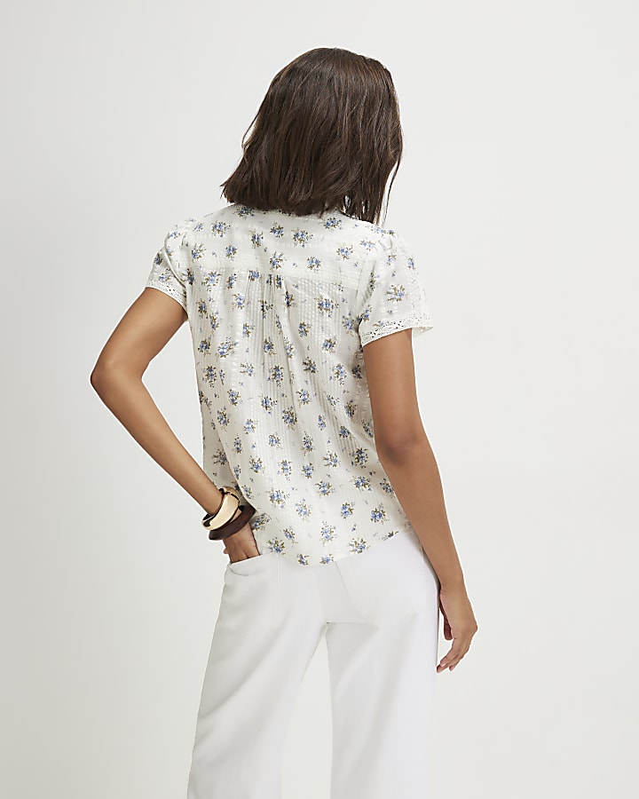 Cream Cotton Floral Short Sleeve Top