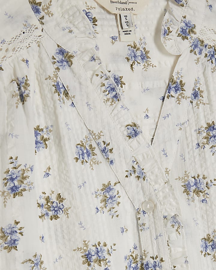 Cream Cotton Floral Short Sleeve Top
