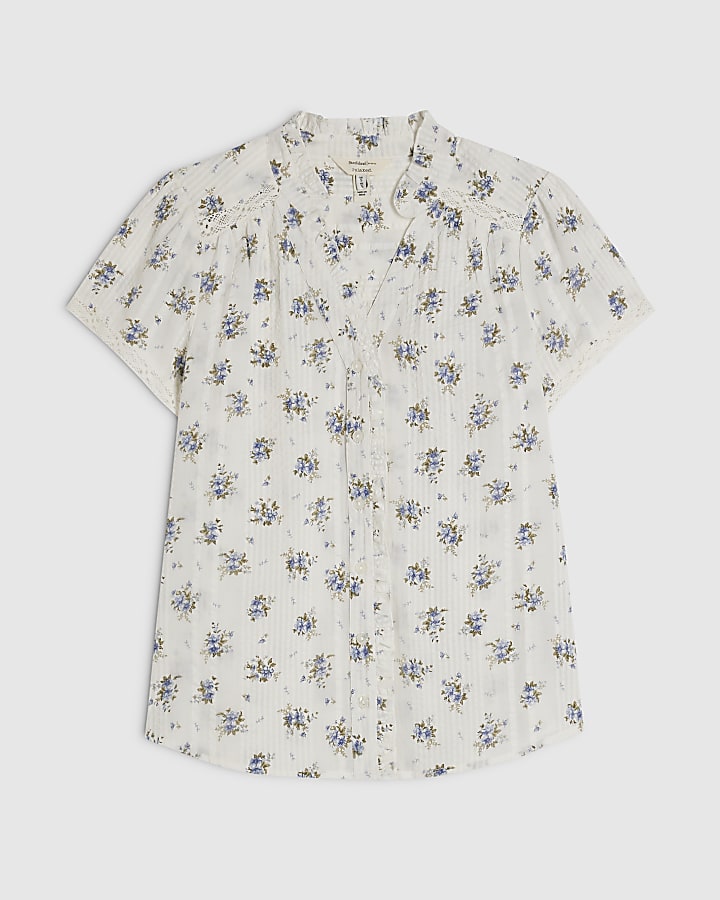 Cream Cotton Floral Short Sleeve Top
