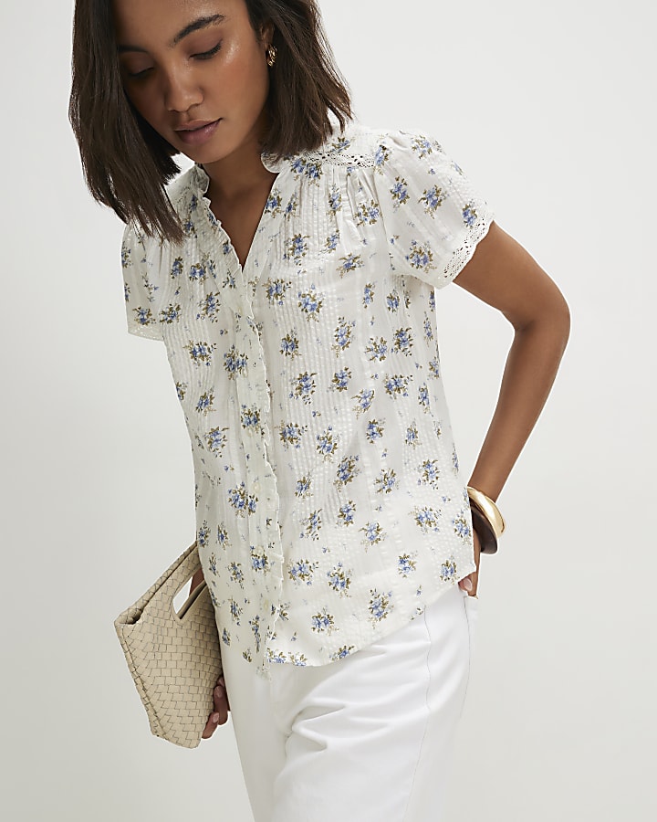Cream Cotton Floral Short Sleeve Top