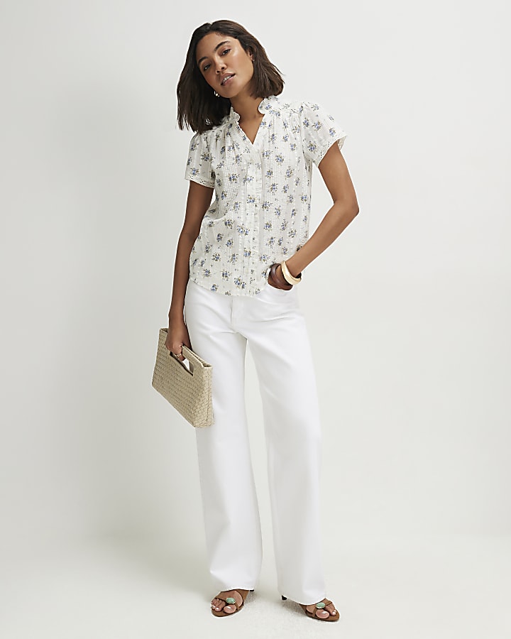 Cream Cotton Floral Short Sleeve Top