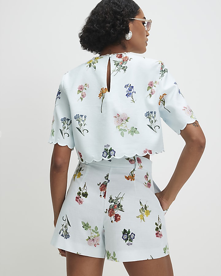 Blue Linen Blend Floral Tailored Shorts