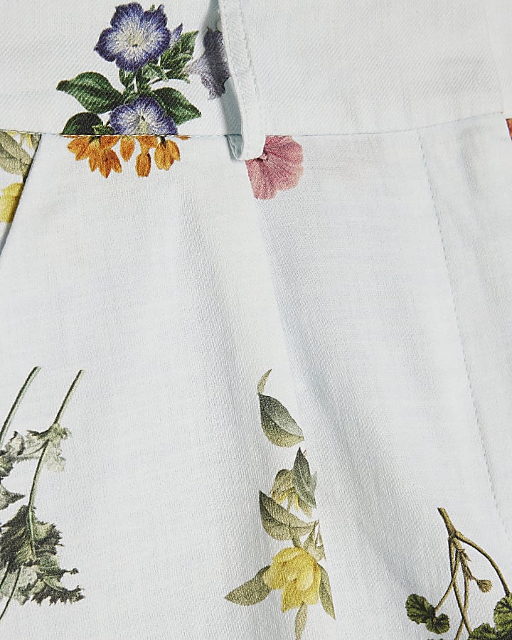 Blue Linen Blend Floral Tailored Shorts