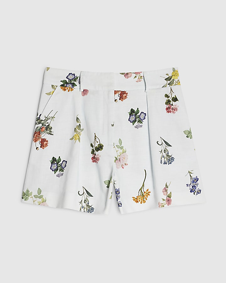 Blue Linen Blend Floral Tailored Shorts