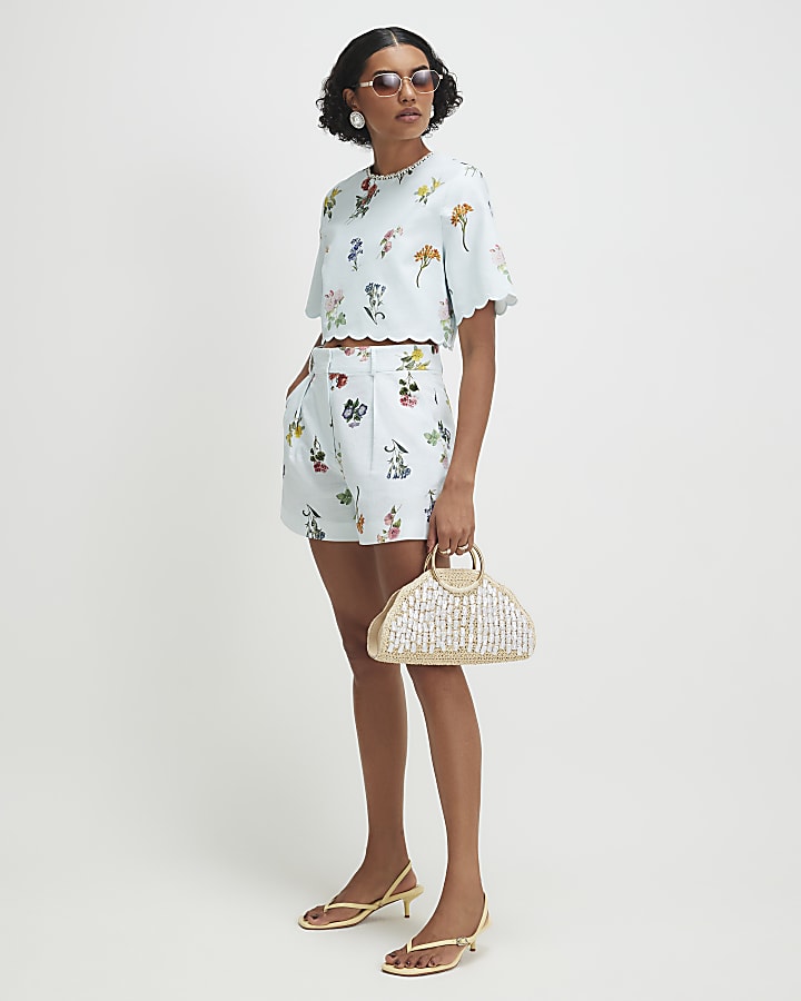 Blue Linen Blend Floral Tailored Shorts