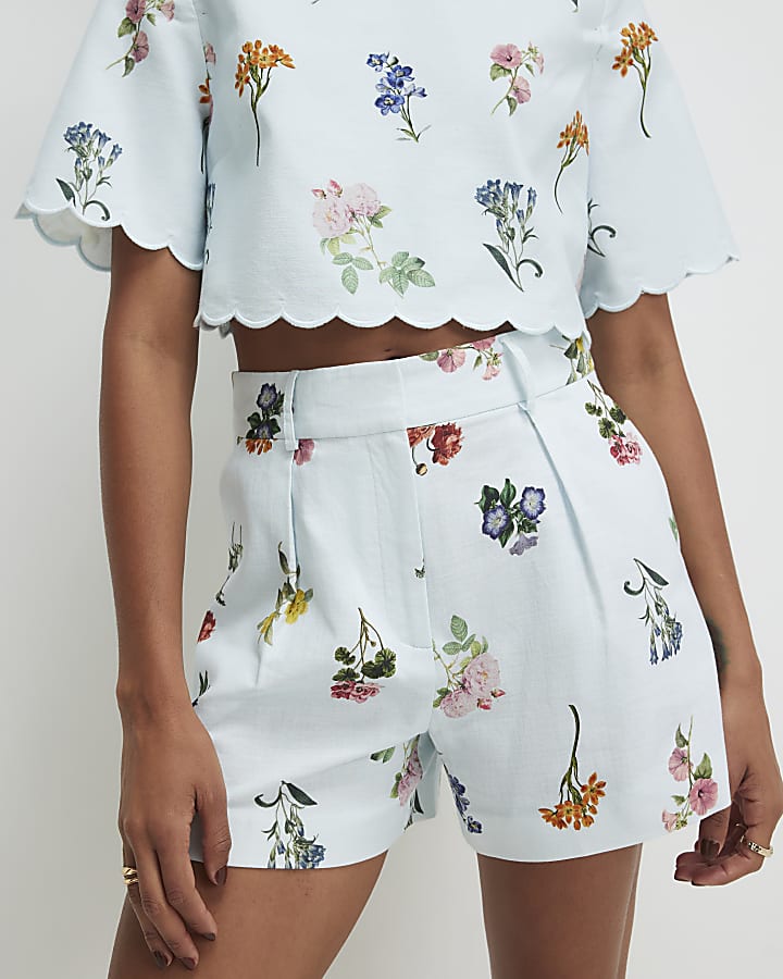 Blue Linen Blend Floral Tailored Shorts