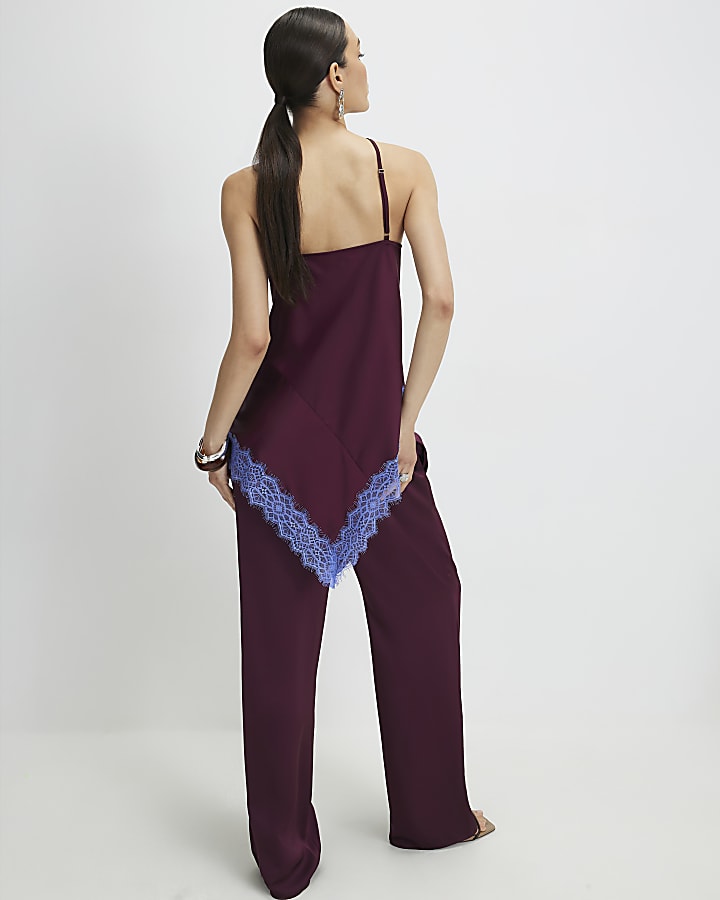 Red Lace Trim Halter Neck Top