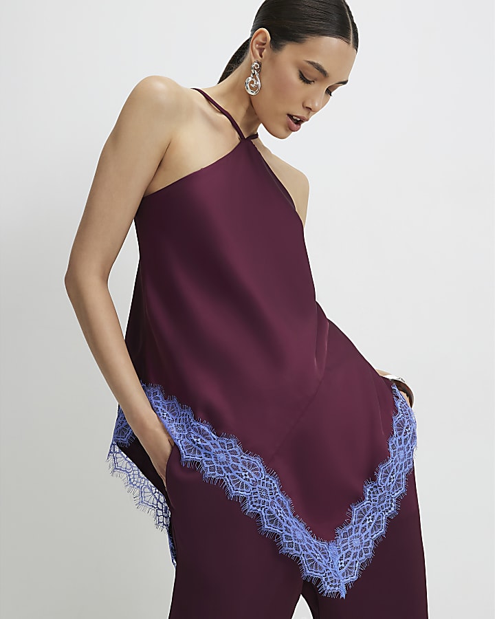 Red Lace Trim Halter Neck Top