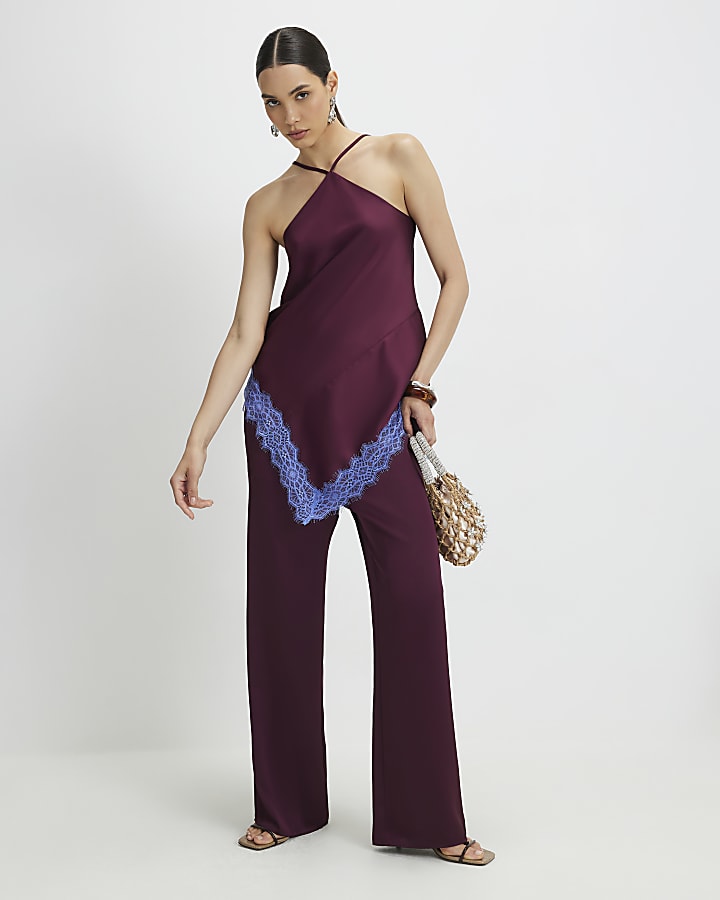 Red Lace Trim Halter Neck Top