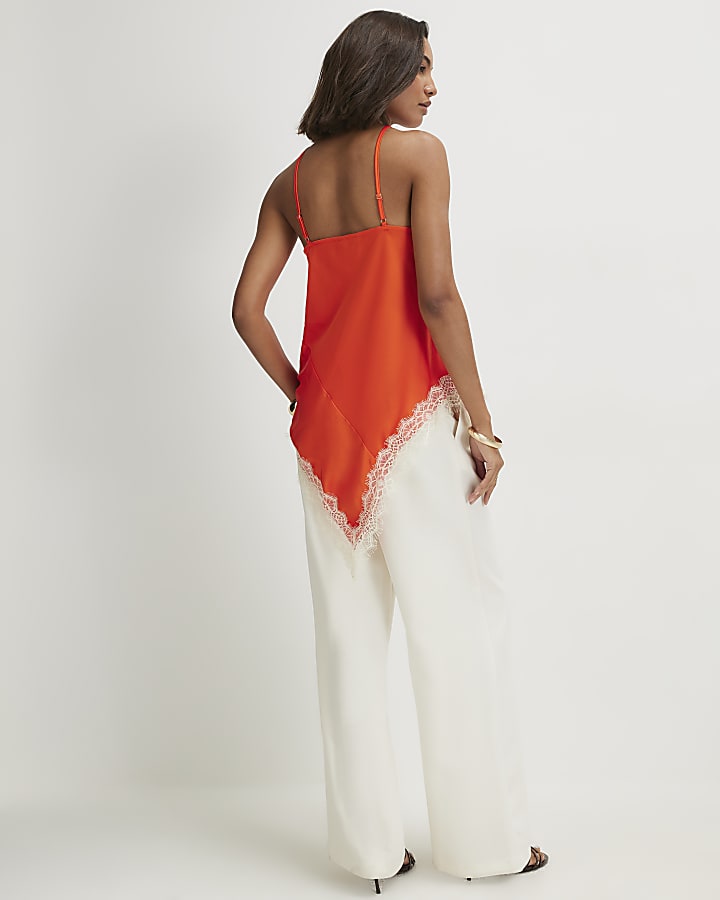Orange Satin Lace Trim Halter Neck Top