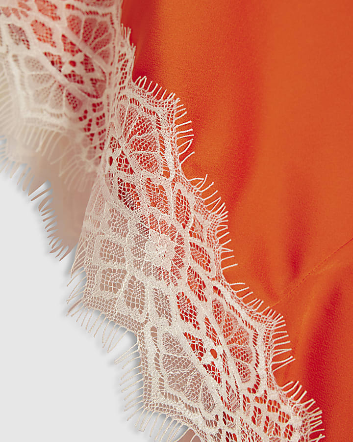 Orange Satin Lace Trim Halter Neck Top