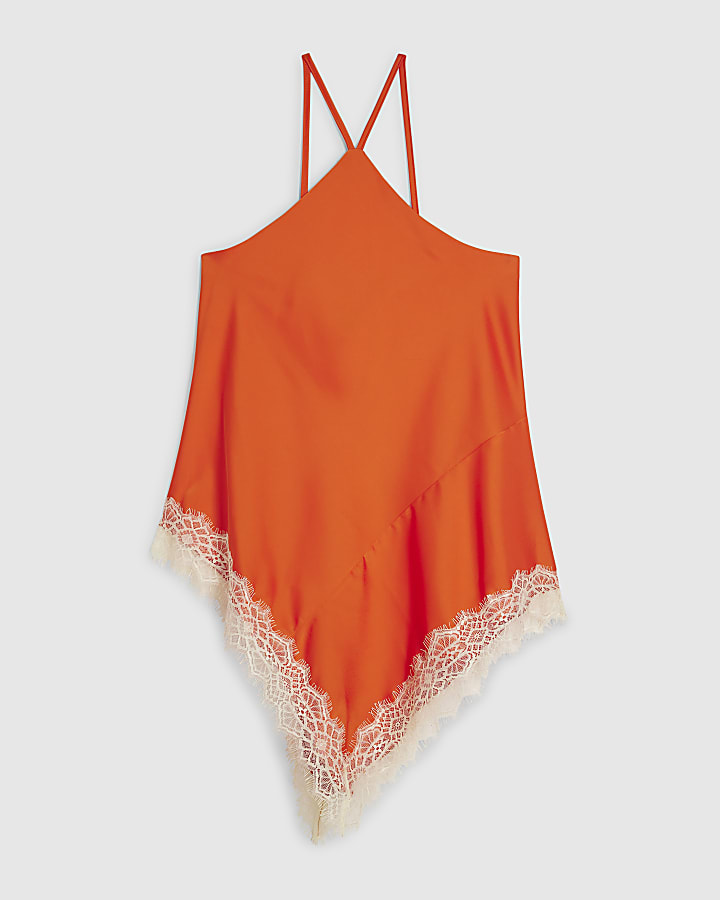 Orange Satin Lace Trim Halter Neck Top