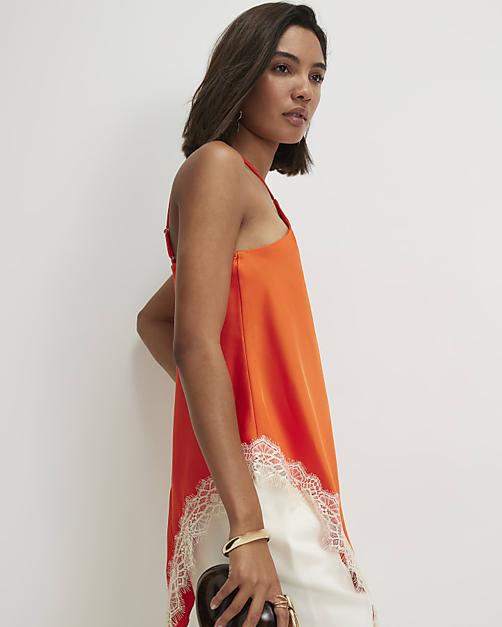Orange Satin Lace Trim Halter Neck Top