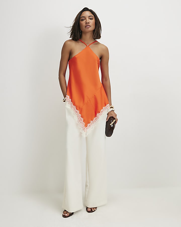 Orange Satin Lace Trim Halter Neck Top