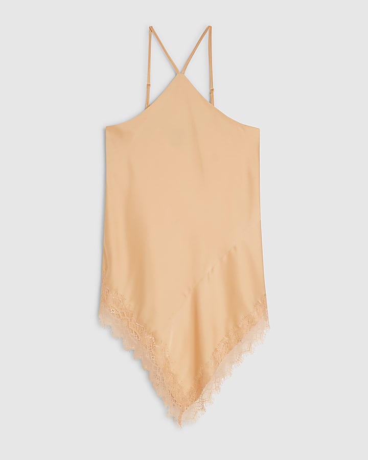 Orange Lace Trim Asymmetric Halter Neck Top