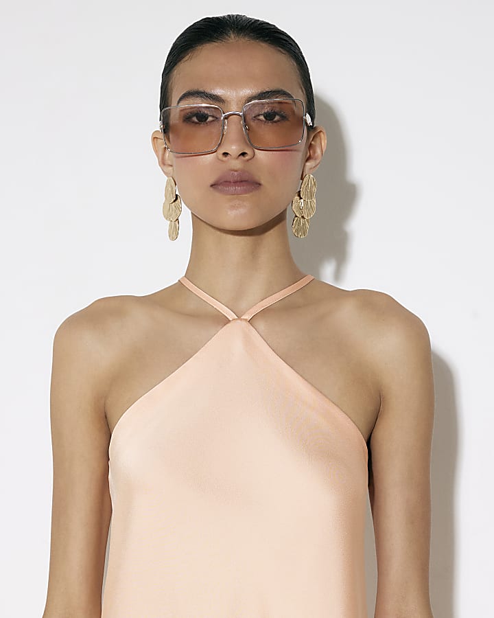 Orange Lace Trim Asymmetric Halter Neck Top