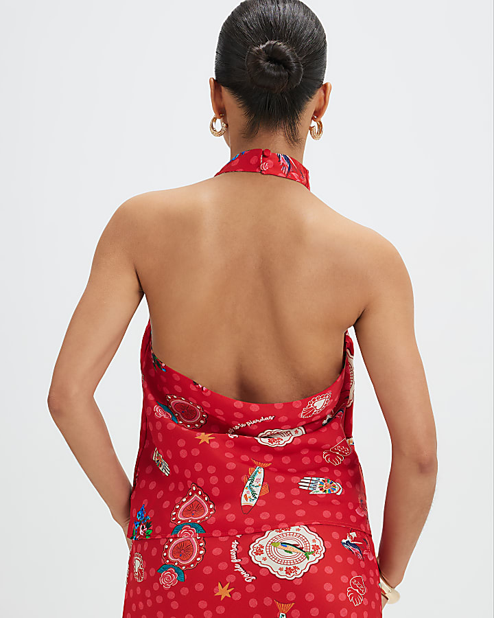 Petite Red Halter Cowl Neck Top