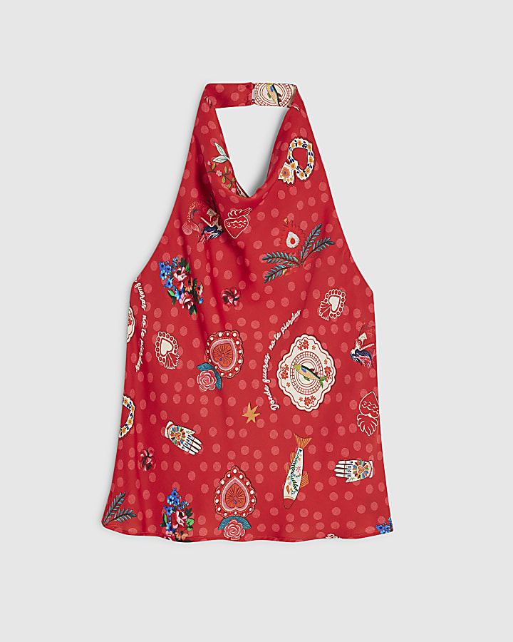 Petite Red Halter Cowl Neck Top