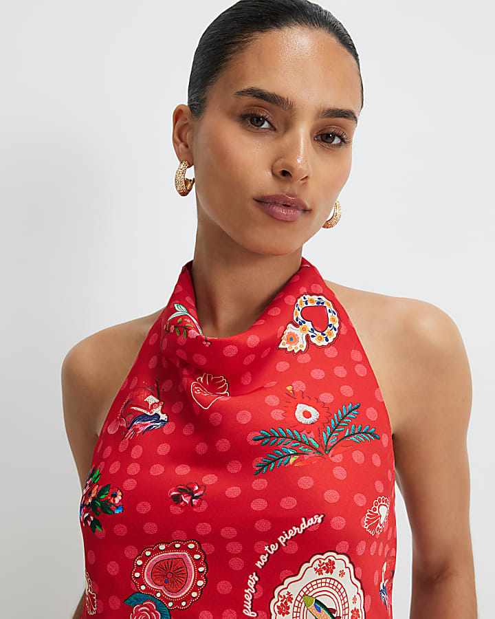 Petite Red Halter Cowl Neck Top