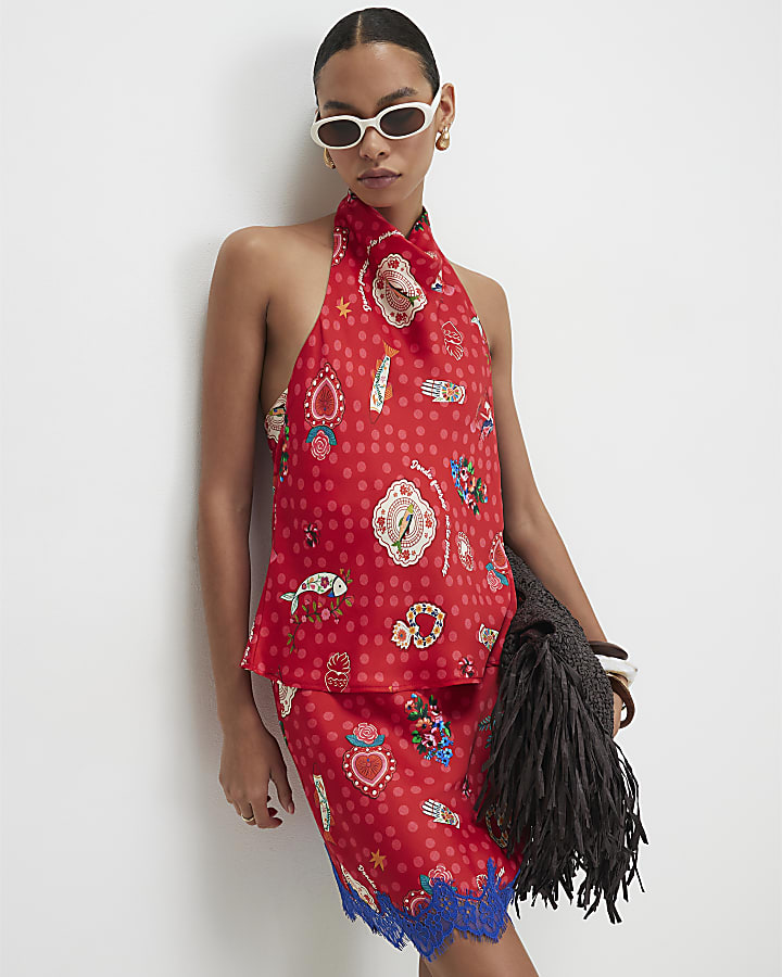Red Printed Halter Cowl Neck Top
