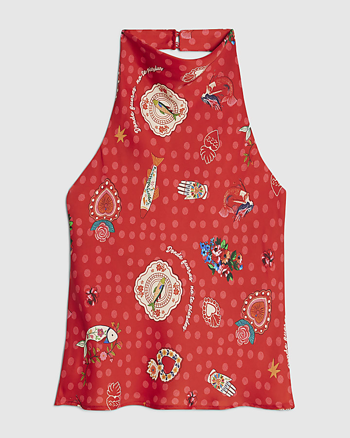 Red Printed Halter Cowl Neck Top