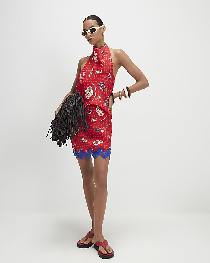 Red Printed Halter Cowl Neck Top