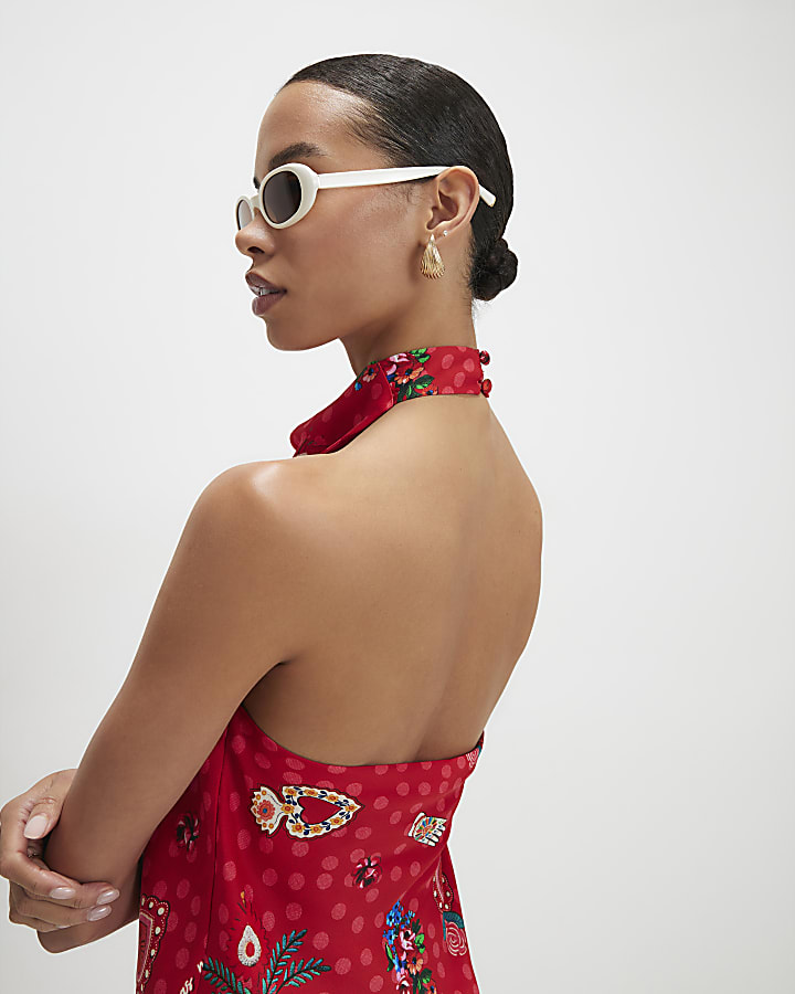 Red Printed Halter Cowl Neck Top