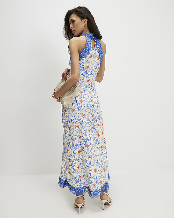 Blue Satin Geometric Lace Trim Slip Dress