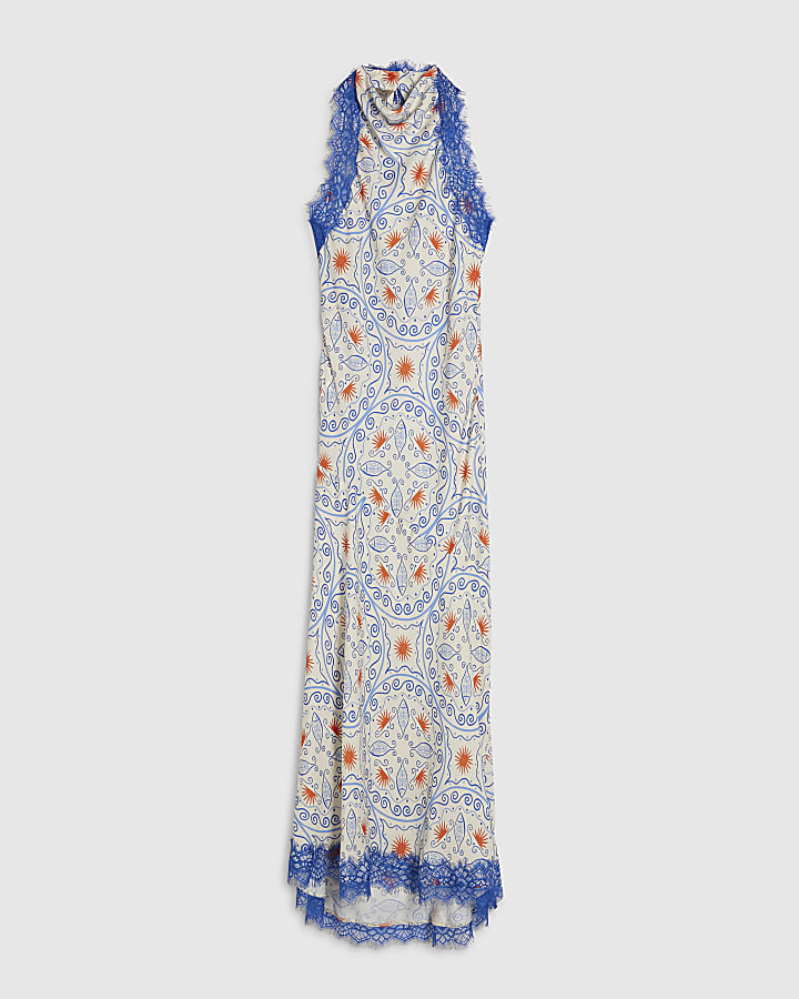 Blue Satin Geometric Lace Trim Slip Dress