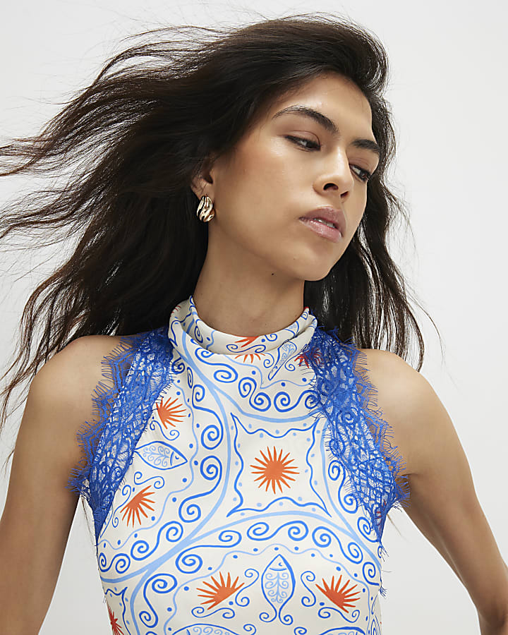 Blue Satin Geometric Lace Trim Slip Dress