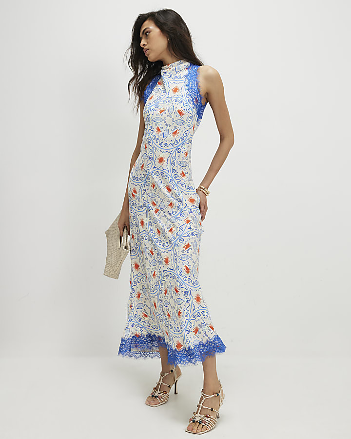 Blue Satin Geometric Lace Trim Slip Dress