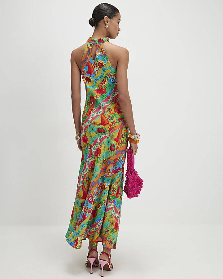 Orange Tropical Print Halter Neck Maxi Dress