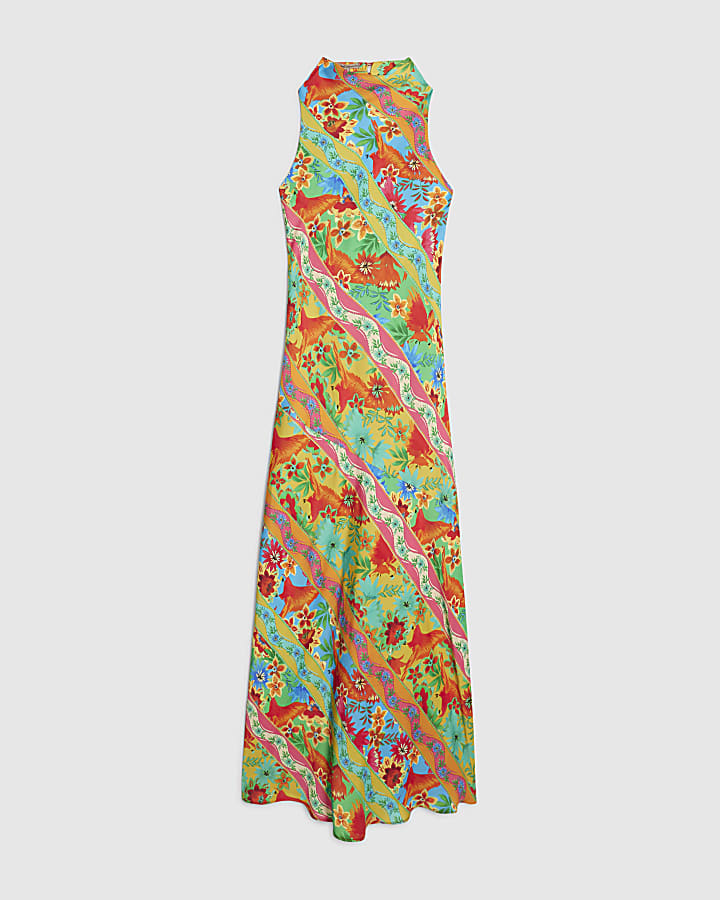 Orange Tropical Print Halter Neck Maxi Dress