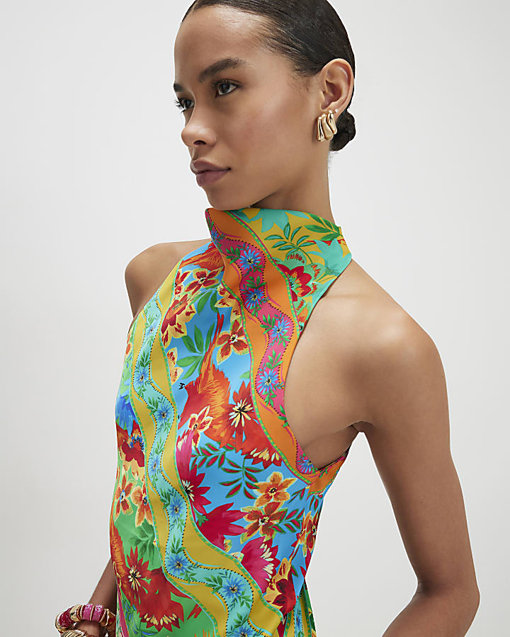 Orange Tropical Print Halter Neck Maxi Dress