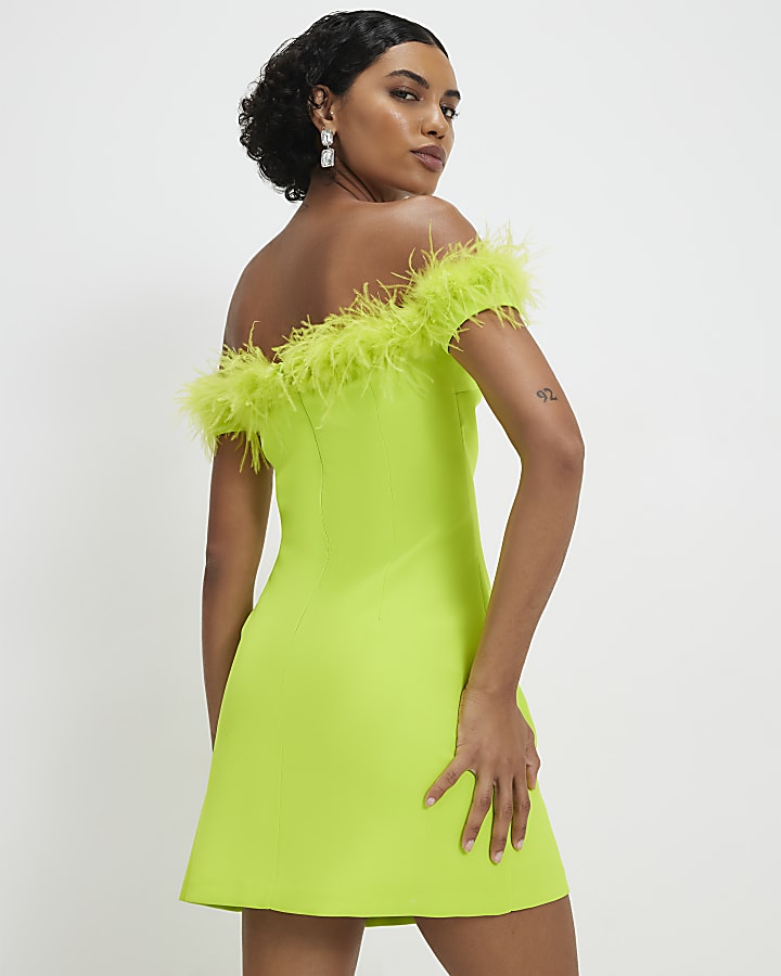 Green Satin Bardot Feather Trim Mini Dress