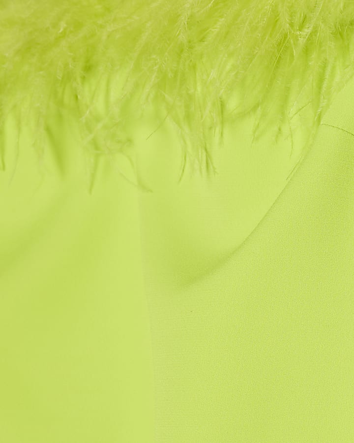 Green Satin Bardot Feather Trim Mini Dress