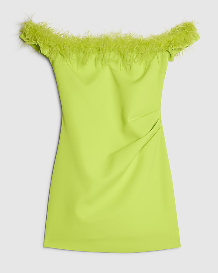 Green Satin Bardot Feather Trim Mini Dress