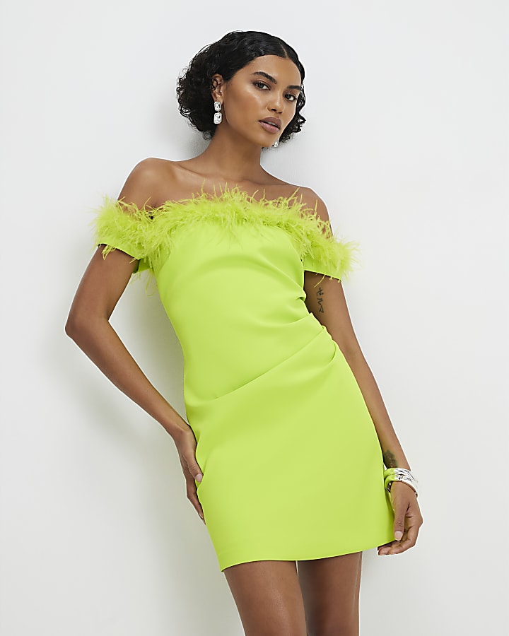 Green Satin Bardot Feather Trim Mini Dress