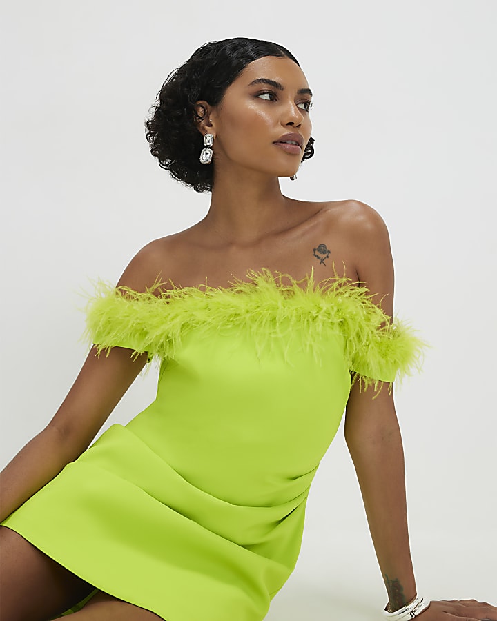 Green Satin Bardot Feather Trim Mini Dress