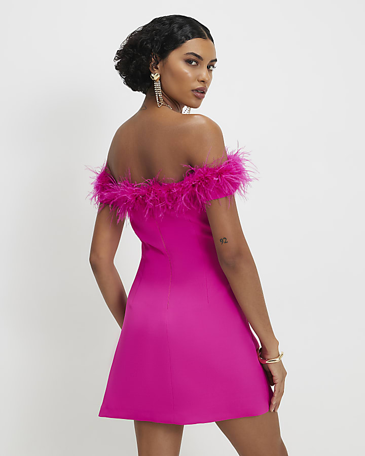 Pink Satin Bardot Feather Trim Mini Dress