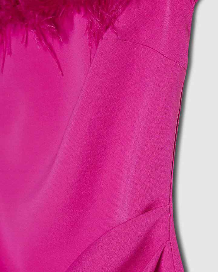 Pink Satin Bardot Feather Trim Mini Dress