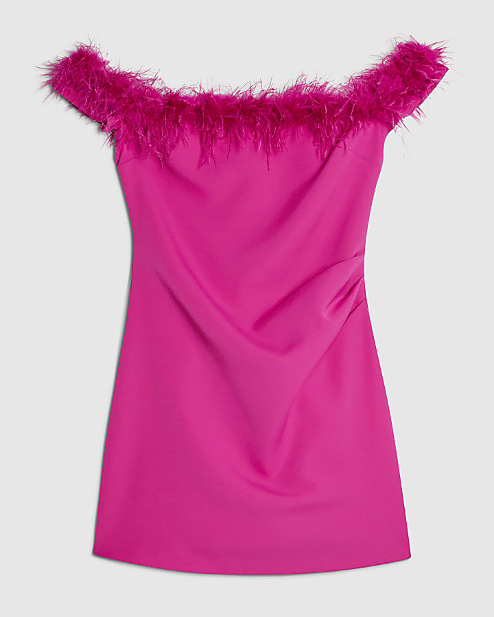 Pink Satin Bardot Feather Trim Mini Dress