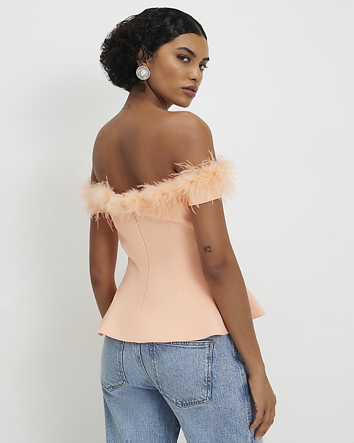 Orange Satin Bardot Feather Trim Corset Top