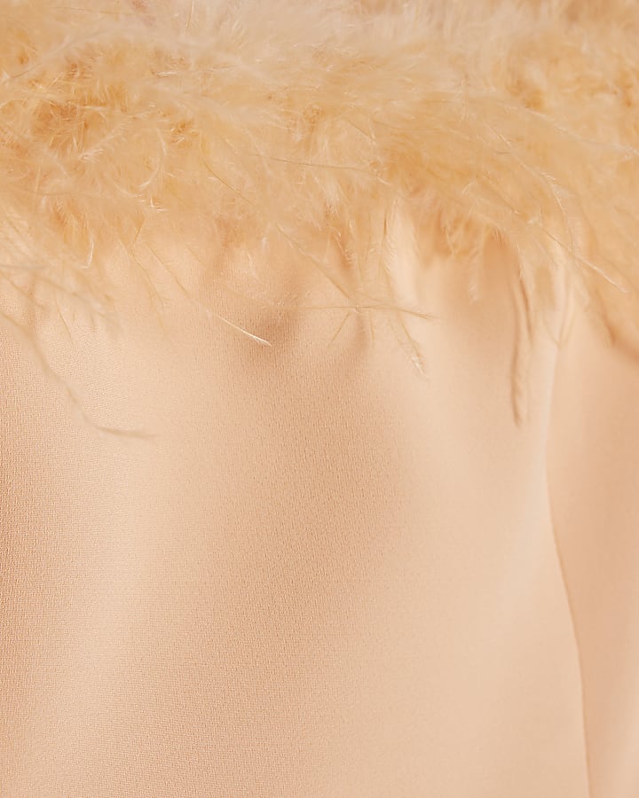 Orange Satin Bardot Feather Trim Corset Top