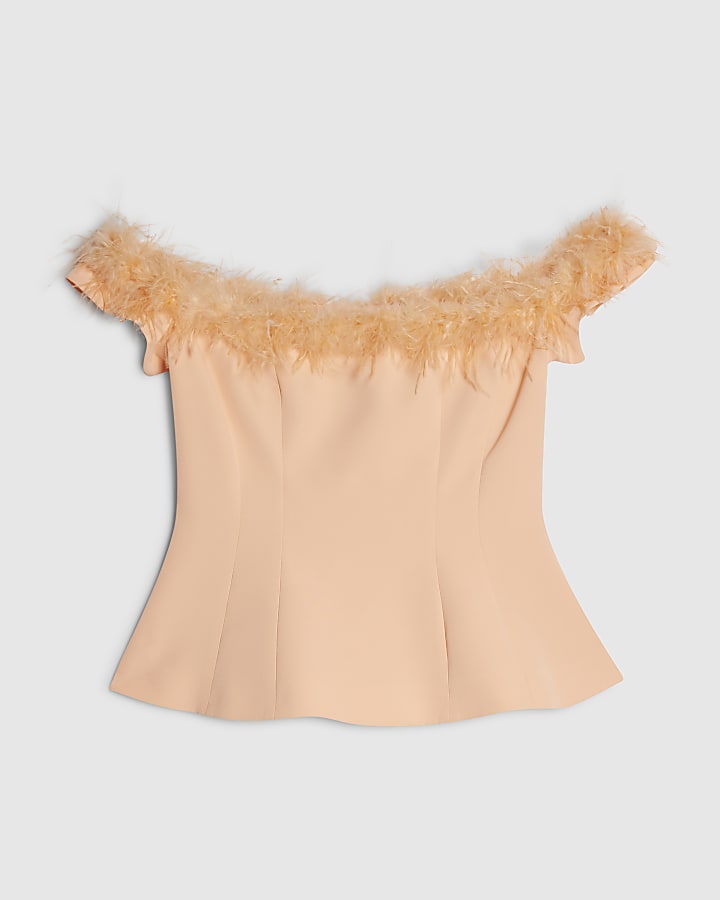 Orange Satin Bardot Feather Trim Corset Top