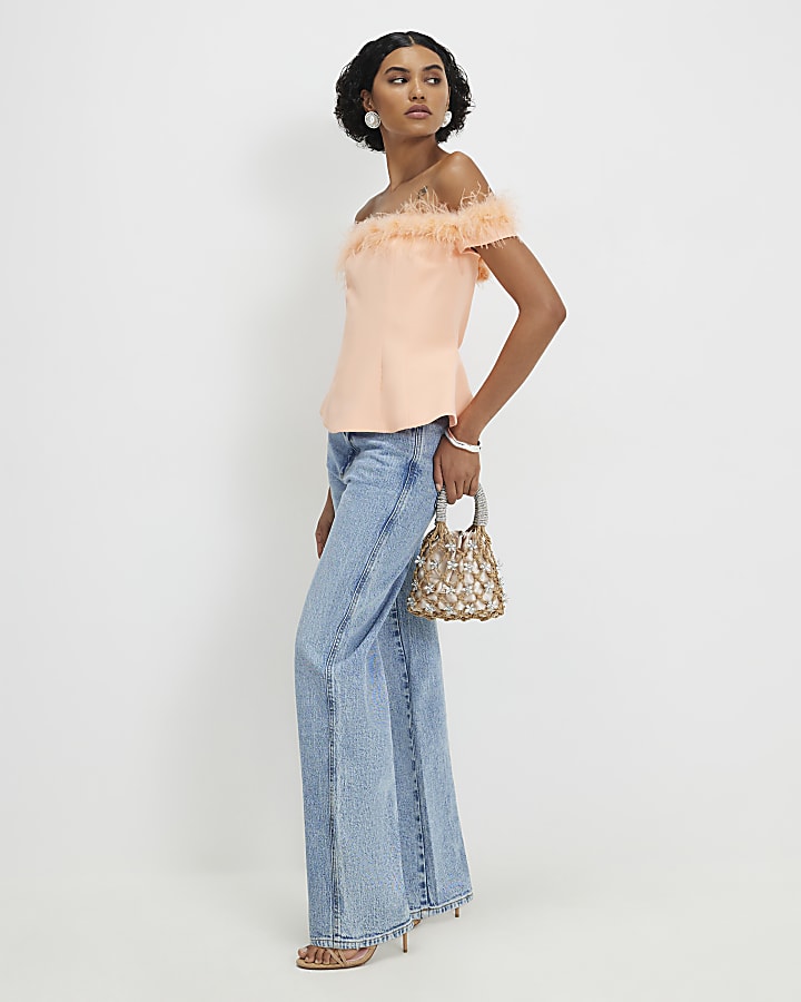 Orange Satin Bardot Feather Trim Corset Top