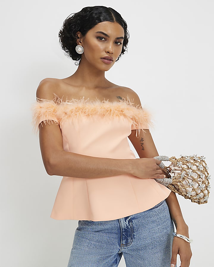 Orange Satin Bardot Feather Trim Corset Top