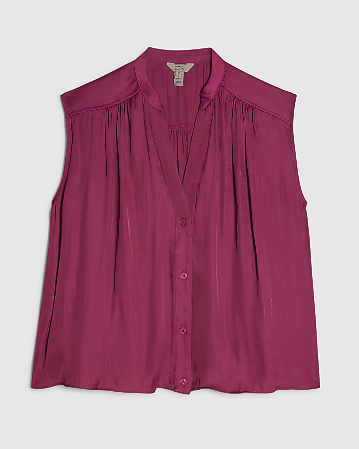 Pink Satin Gathered Sleeveless Shirt
