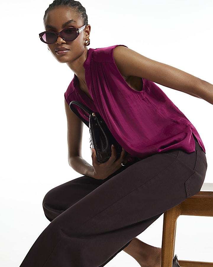 Pink Satin Gathered Sleeveless Shirt